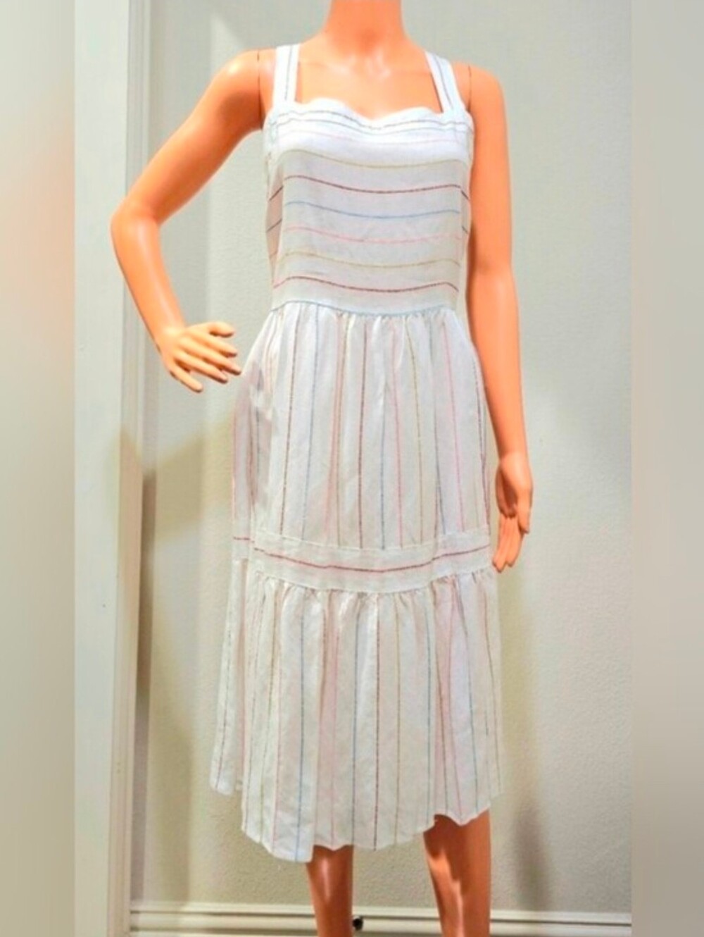 Loft White Dress With Coloful Stripes Size 12